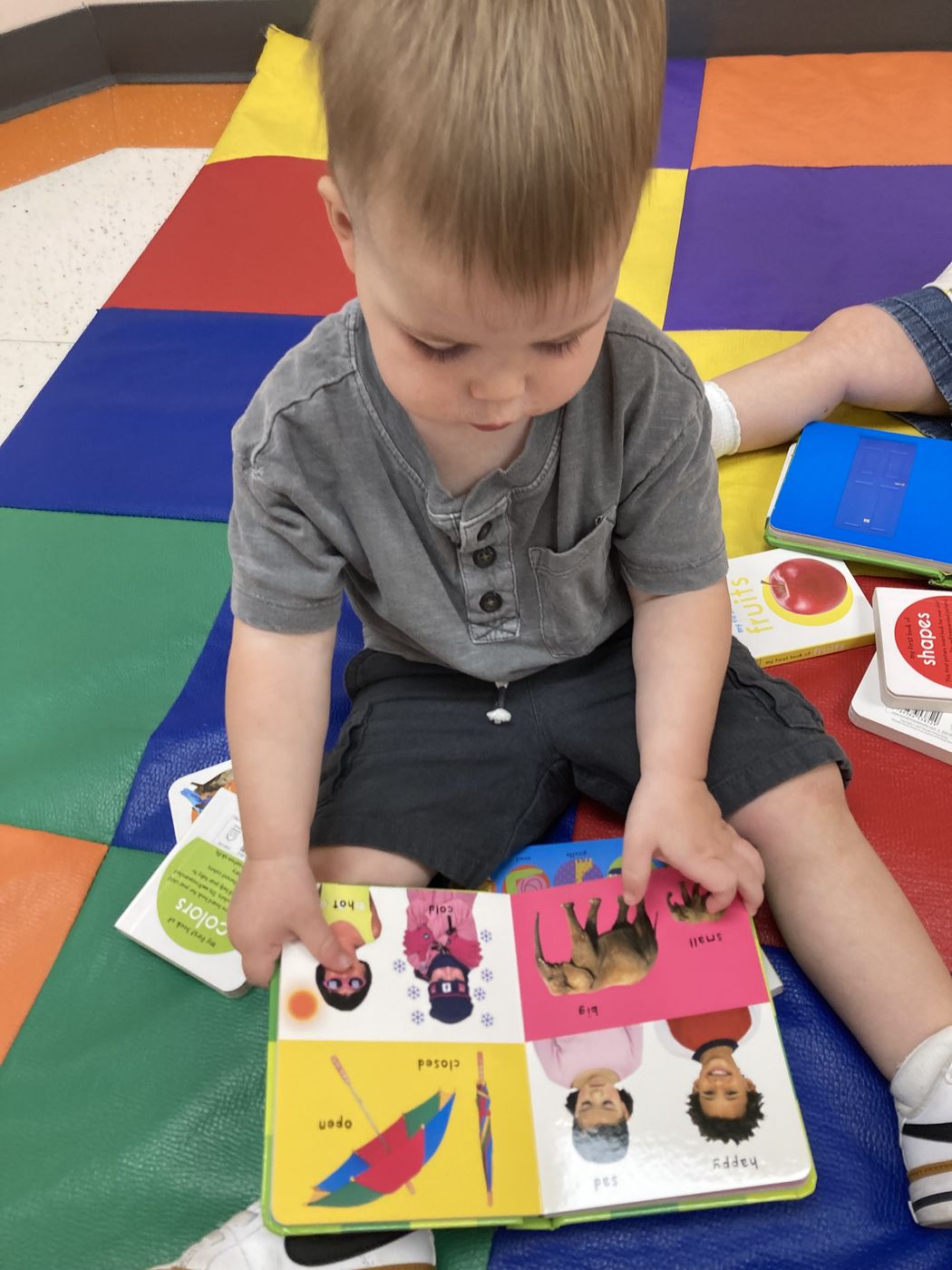 A toddler sits on a colorful mat turning the pages of a picture board book.