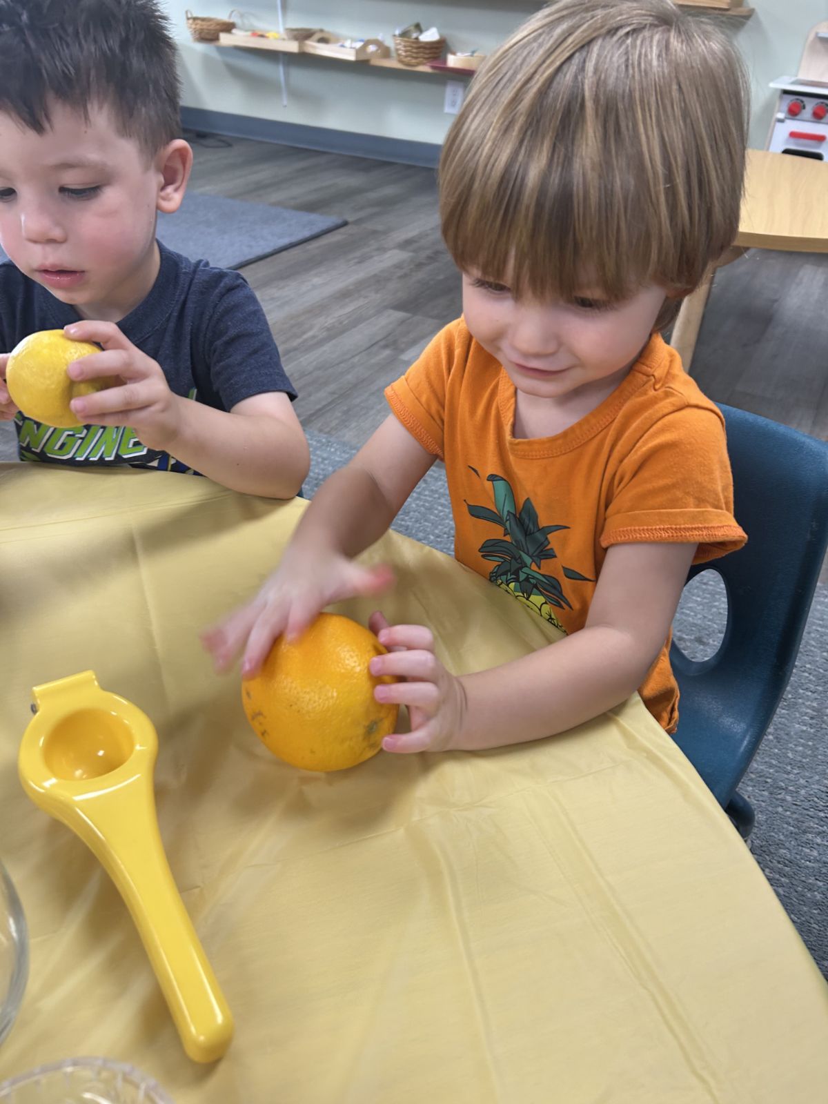Two toddlers at a classroom table with an orange, a lemon and a hand juicer.